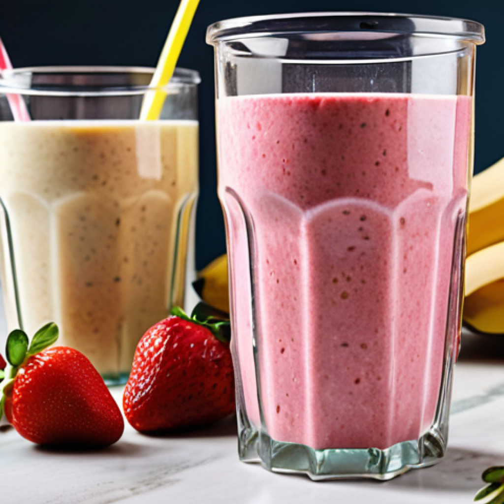 A vibrant and colorful smoothie with bananas, strawberries, and almond milk in a blender, showcasing fresh fruits as a healthy breakfast option. Focus on the energy-boosting aspect.
