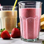 A vibrant and colorful smoothie with bananas, strawberries, and almond milk in a blender, showcasing fresh fruits as a healthy breakfast option. Focus on the energy-boosting aspect.