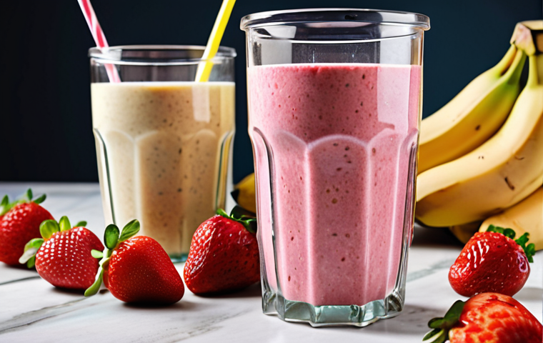 A vibrant and colorful smoothie with bananas, strawberries, and almond milk in a blender, showcasing fresh fruits as a healthy breakfast option. Focus on the energy-boosting aspect.